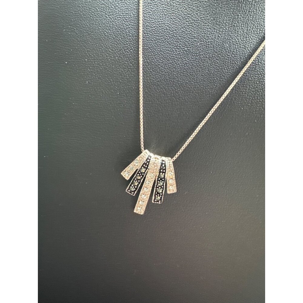 Vintage Sterling Marcasite & Pave CZ Fan Design Striped Pendant Necklace 17.5"